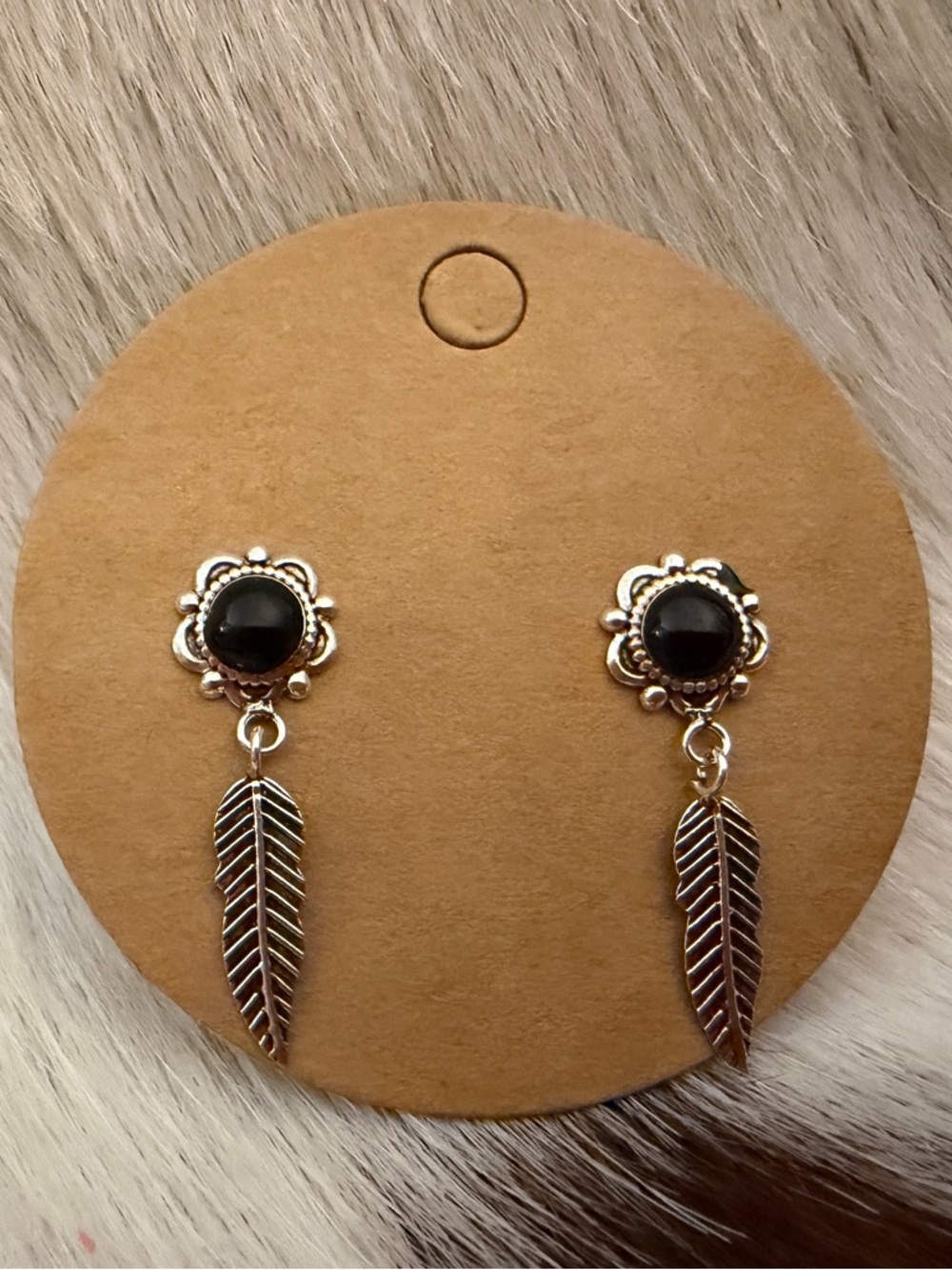 ❤️ Black Onyx Navajo Style Stamped Sterling Silver Dangle Feather Earrings